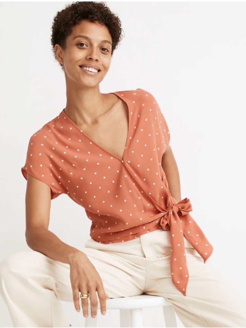 Madewell Sash-Tie Wrap Top in Polka Dot